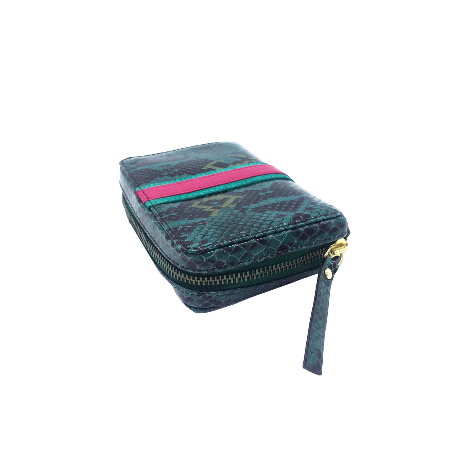 Portefeuille en cuir de vachette imprimé serpent turquoise foncé/or