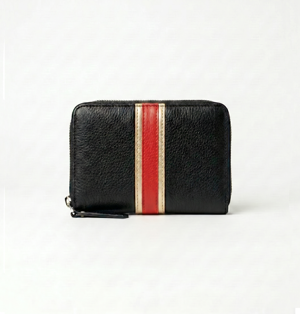 portefeuille compact black rayé rouge et or pâle