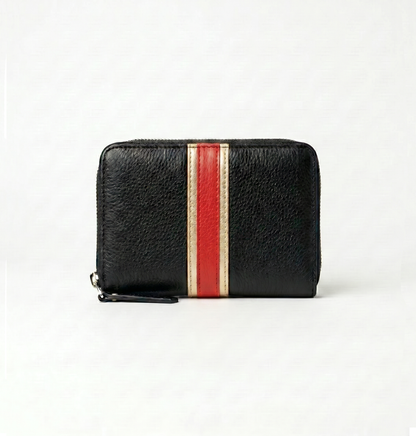 portefeuille compact black rayé rouge et or pâle