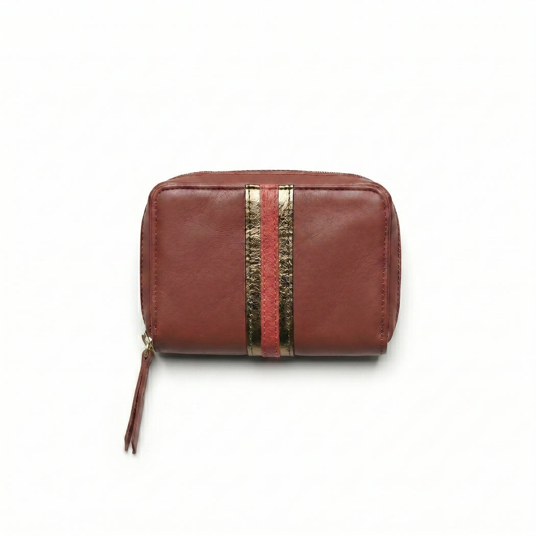 Portefeuille en cuir de vachette avec bande rouge et doré pâle