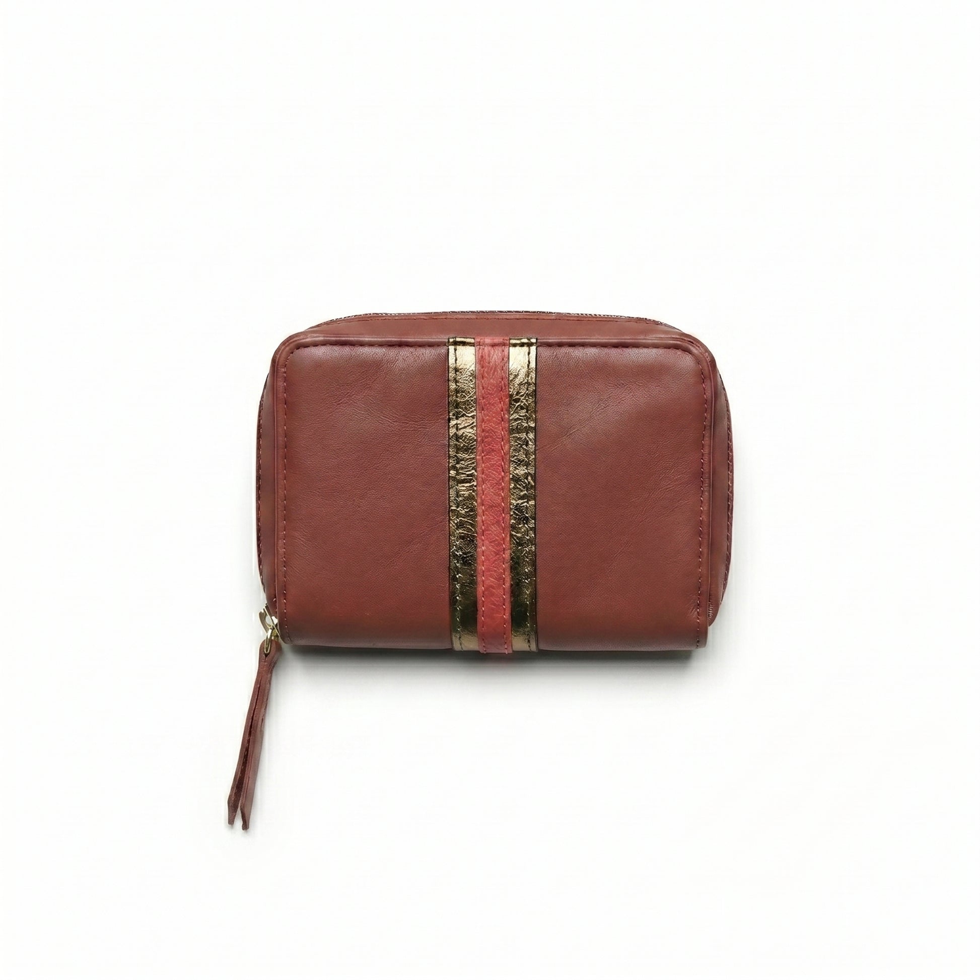 Portefeuille en cuir de vachette avec bande rouge et doré pâle