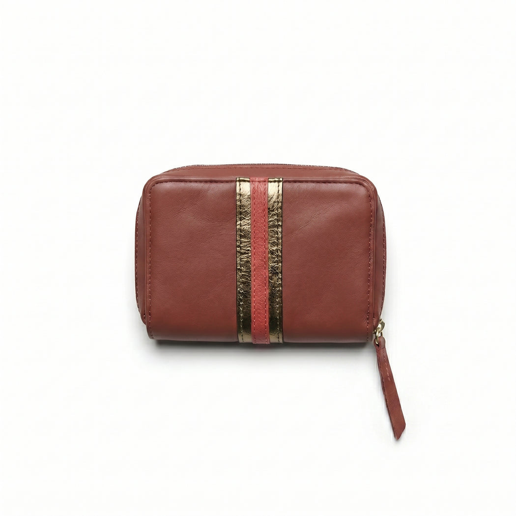 Portefeuille en cuir de vachette avec bande rouge et doré pâle