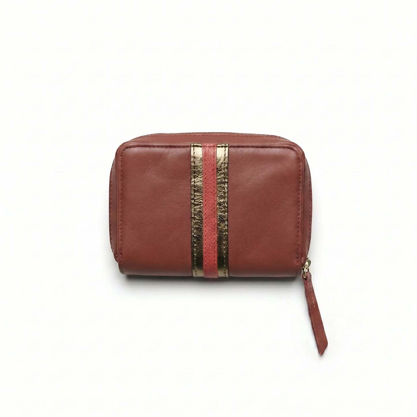 Portefeuille en cuir de vachette avec bande rouge et doré pâle