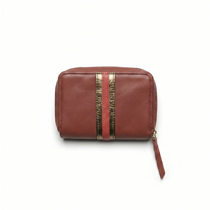 Portefeuille en cuir de vachette avec bande rouge et doré pâle