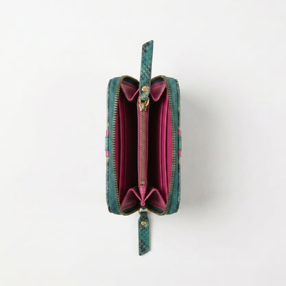 Portefeuille en cuir de vachette imprimé serpent turquoise foncé/or- intérieur cuir rose