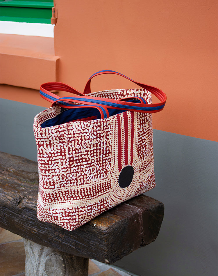 sac de course coton rouge et blanc motif chemin