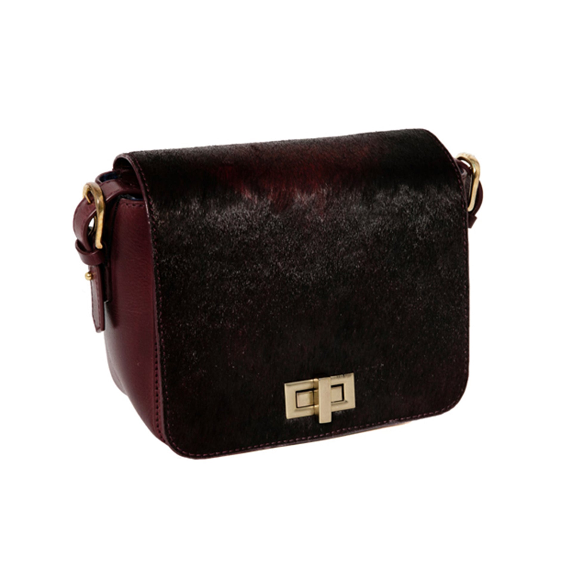 sac bandoulière cuir bordeaux poils