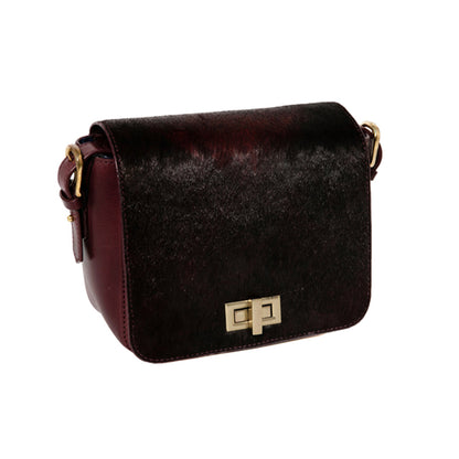 sac bandoulière cuir bordeaux poils