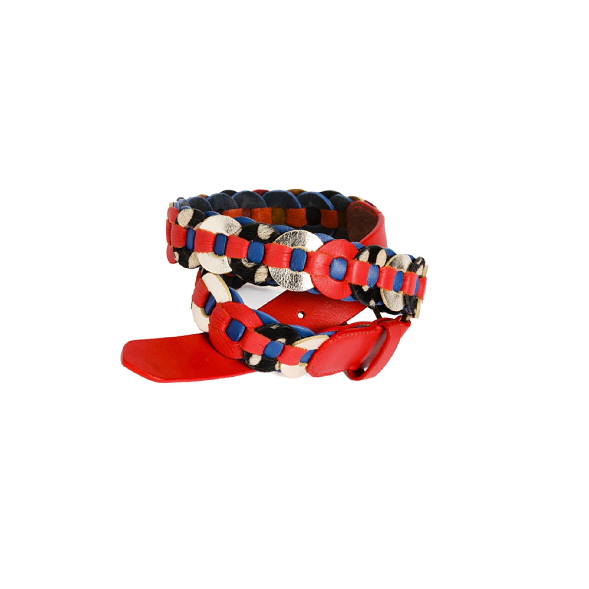 Ceinture en cuir de vachette rouge argentée et bleue