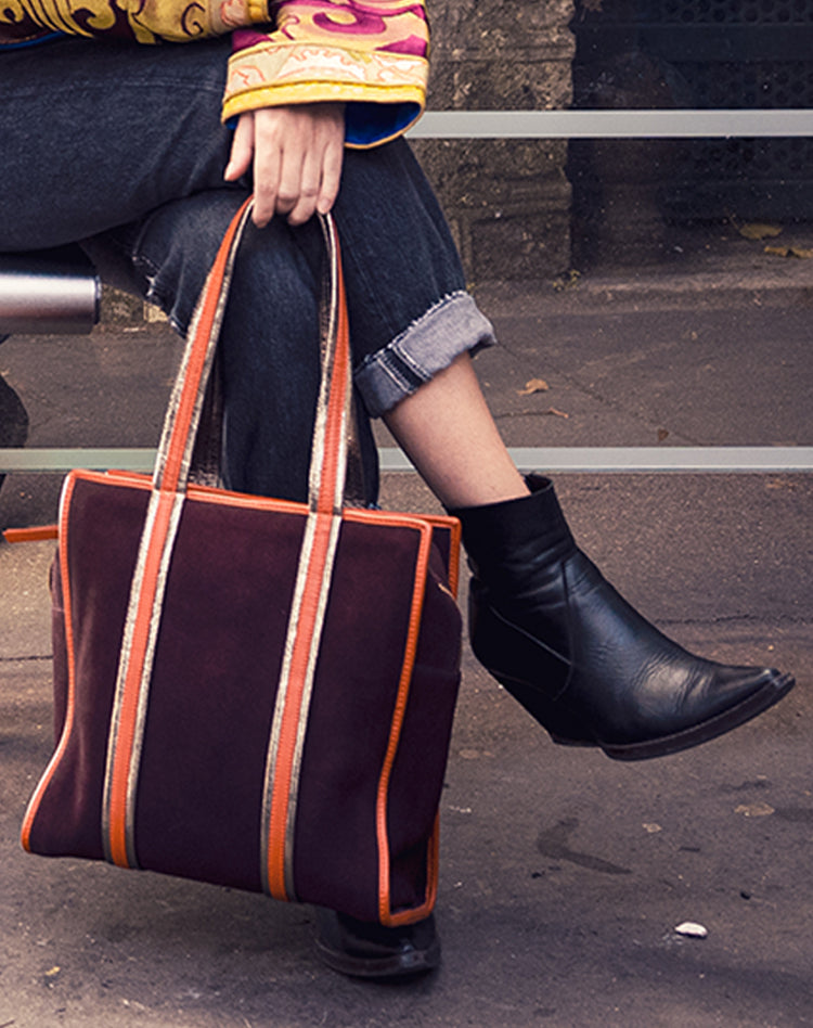 cabas peau de vachette et d'agneau bordeaux