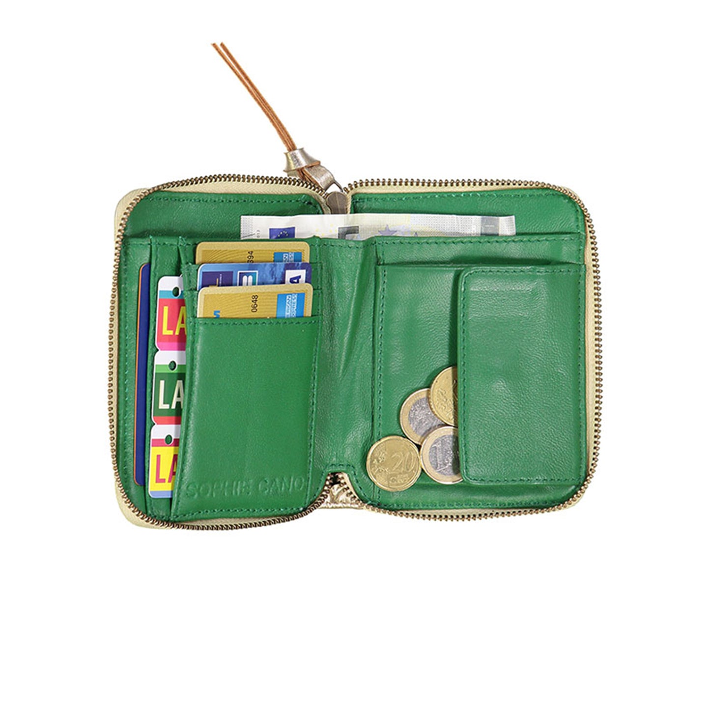 Portefeuille en cuir napa de veau et de mouton perforé moutarde