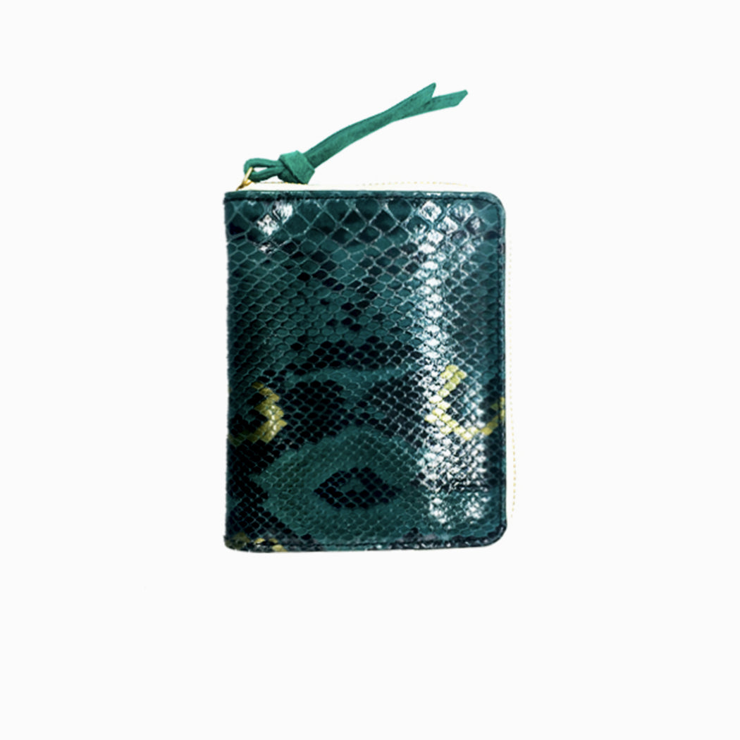 Portefeuille en cuir imprimé serpent bleu pétrole et or