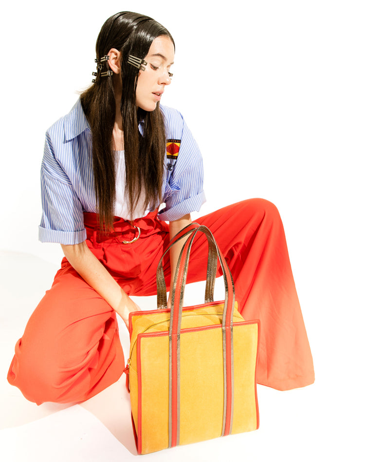 cabas cuir de vachette daim naturel moutarde