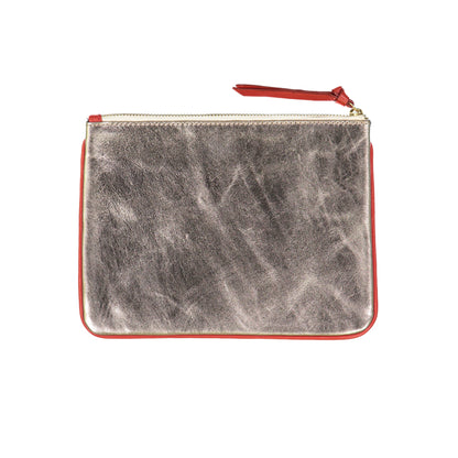 pochette cuir bleu et gris métallisé perforé 