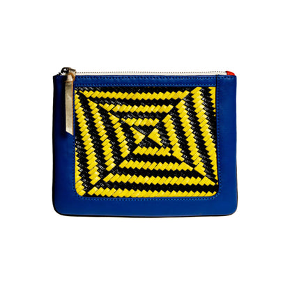 Pochette bleu et jaune en cuir tressé main