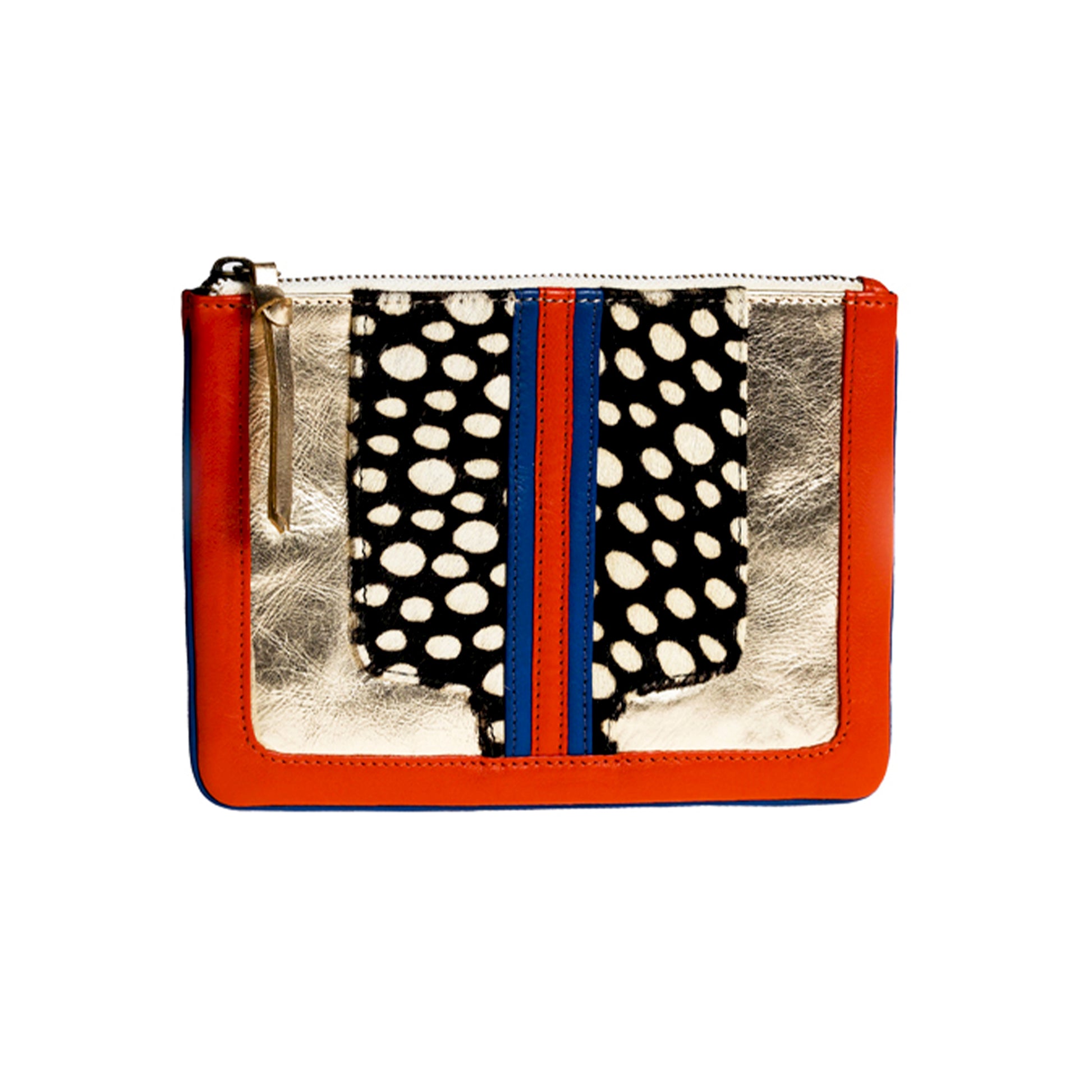 pochette en cuir métallisé et cuir imprimé