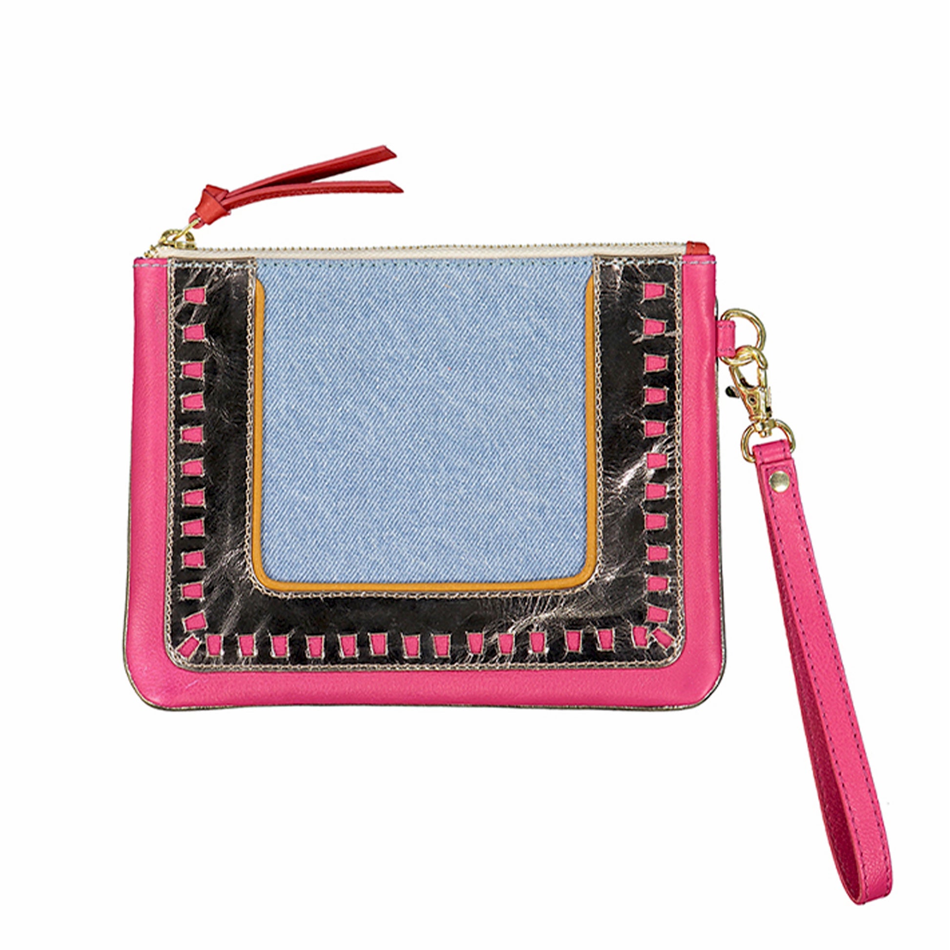 pochette rose cuir métallisé et jean clair