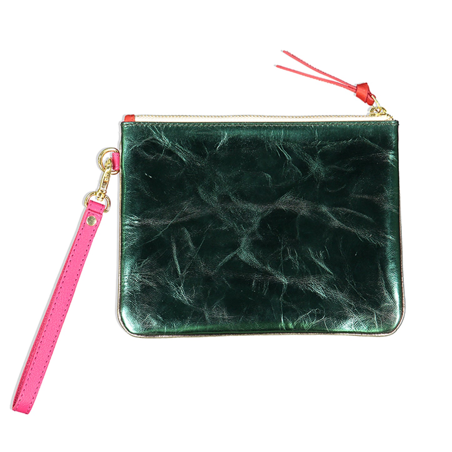 pochette rose cuir métallisé et jean clair