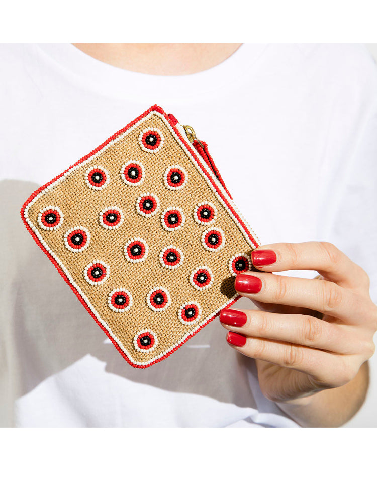 Porte-monnaie en jute brodé à la main motif tache 