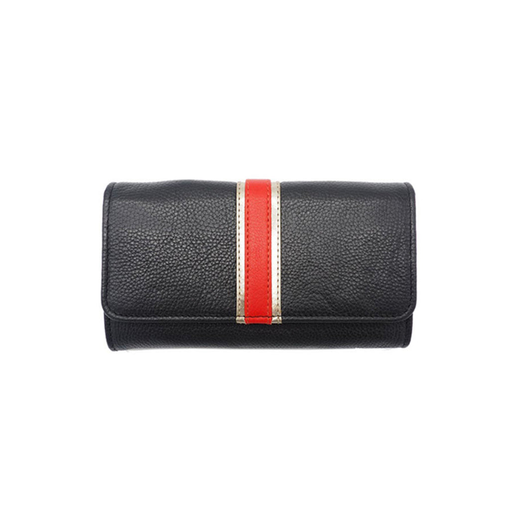 Portefeuille en cuir napa d'agneau avec rayure en cuir métallisé et rouge