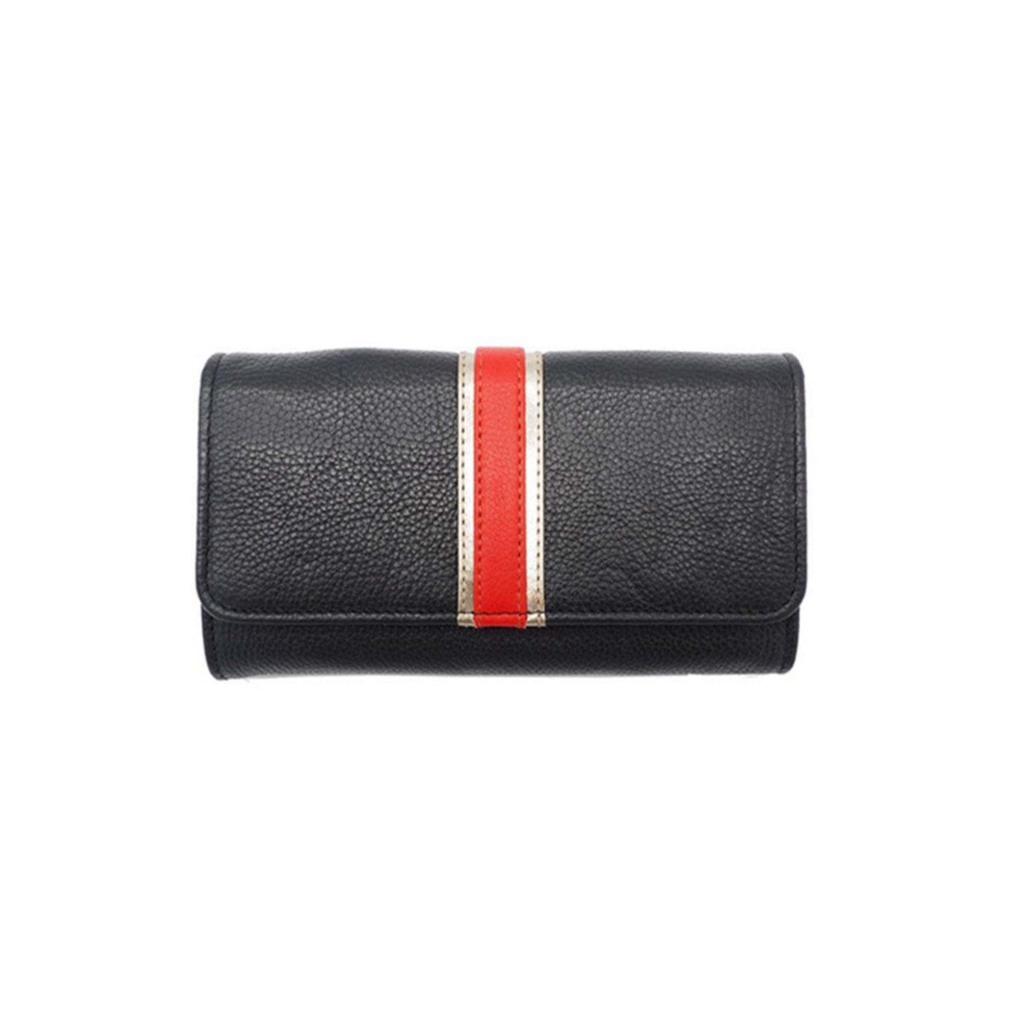 Portefeuille en cuir napa d'agneau avec rayure en cuir métallisé et rouge
