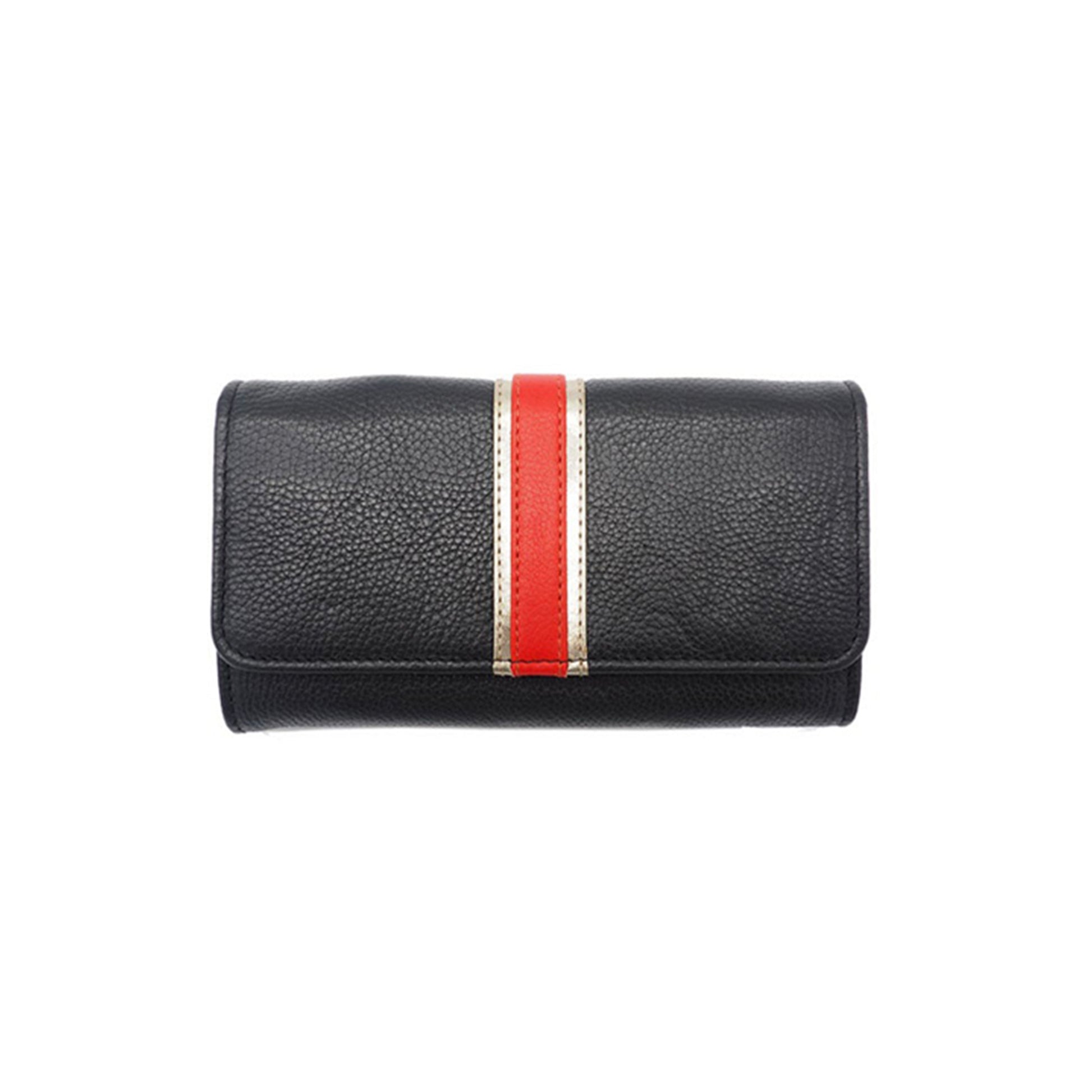 Portefeuille en cuir napa d'agneau avec rayure en cuir métallisé et rouge