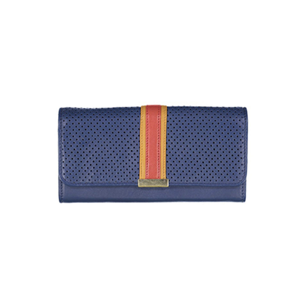 Portefeuille en cuir napa d'agneau et cuir de vachette perforé bleu