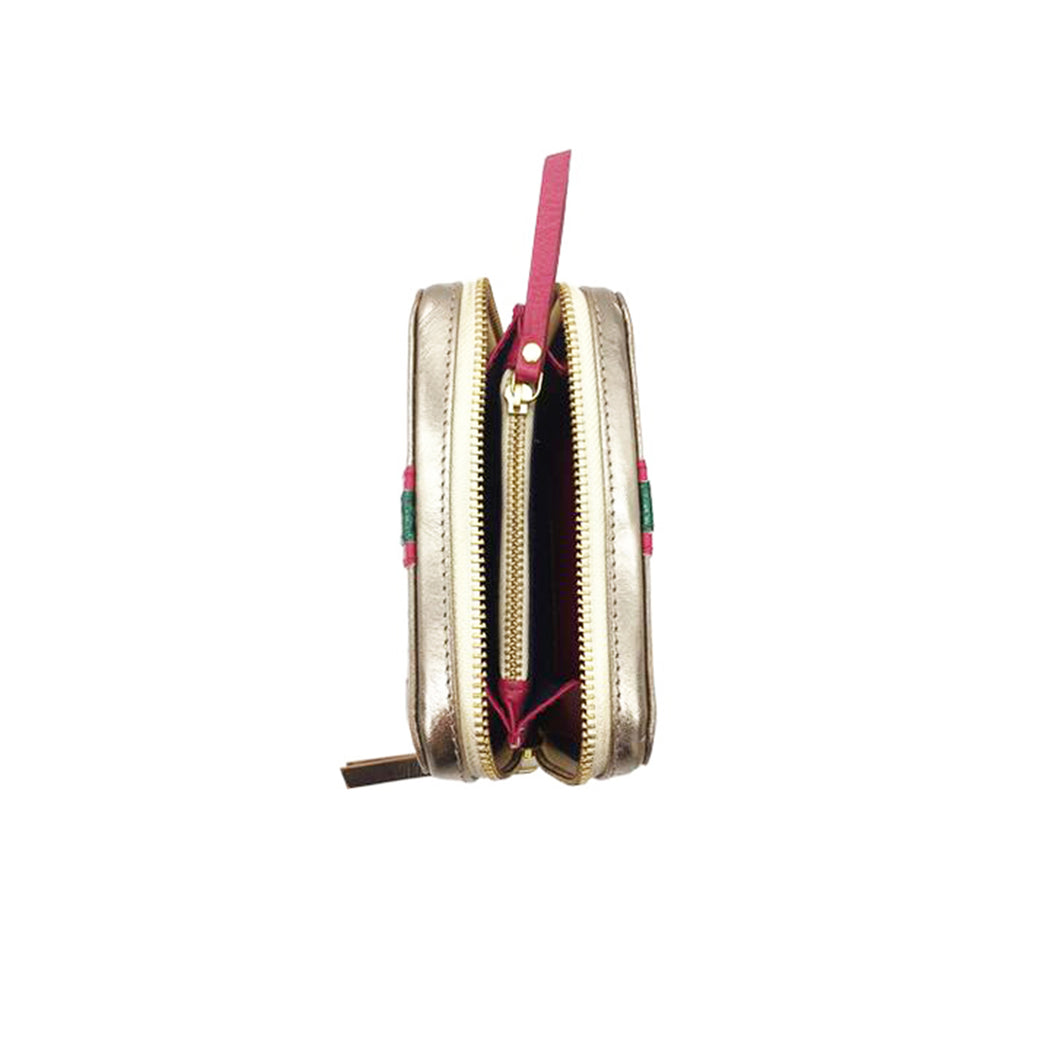 Portefeuille en cuir napa d'agneau métal perforé avec bande rose et verte 