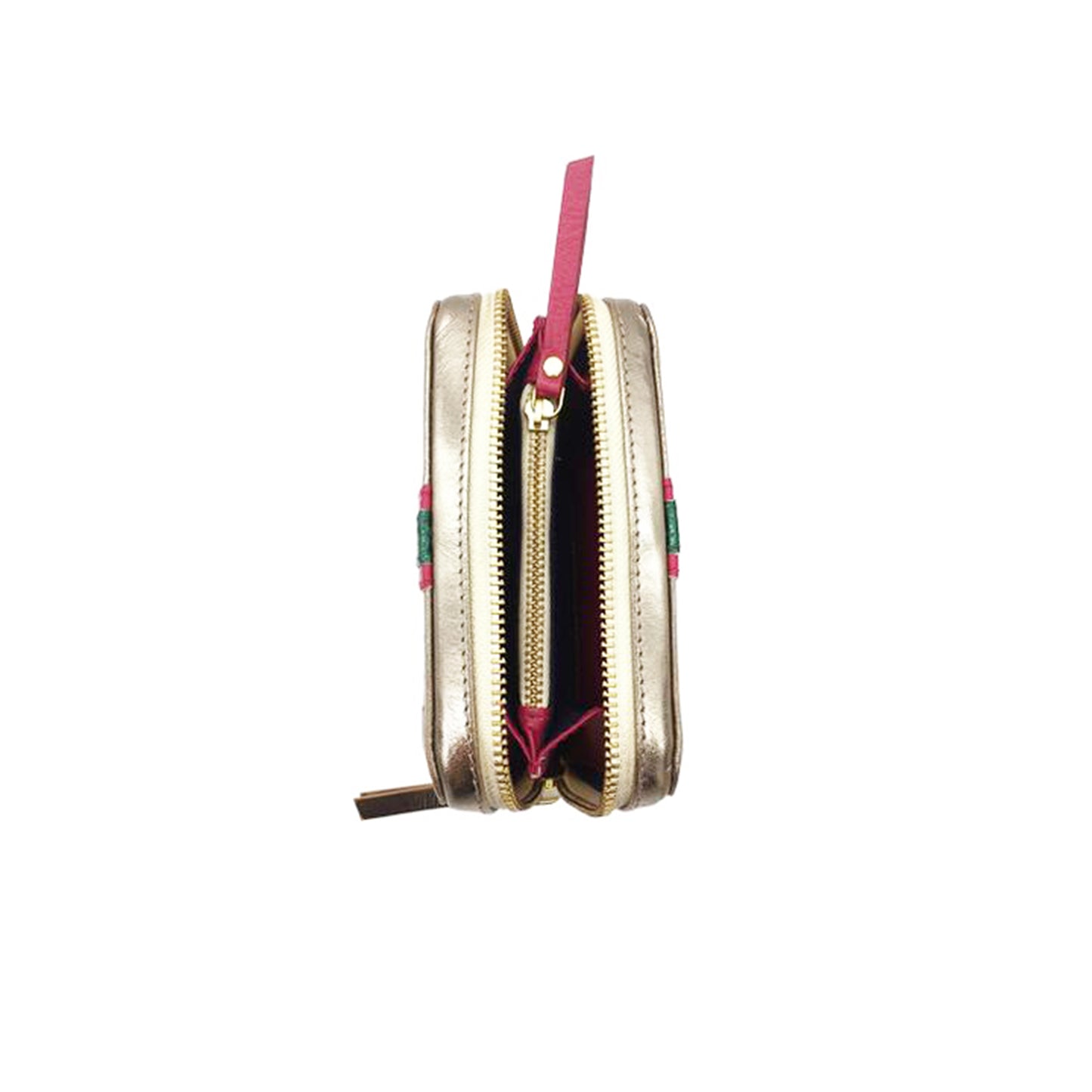 Portefeuille en cuir napa d'agneau métal perforé avec bande rose et verte 