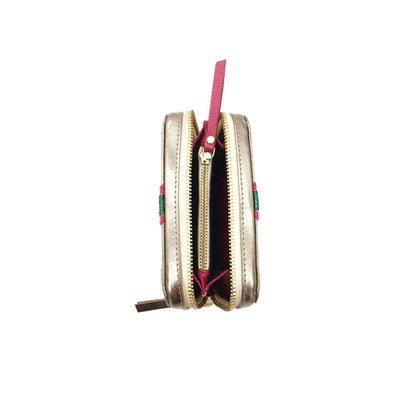 Portefeuille en cuir napa d'agneau métal perforé avec bande rose et verte 