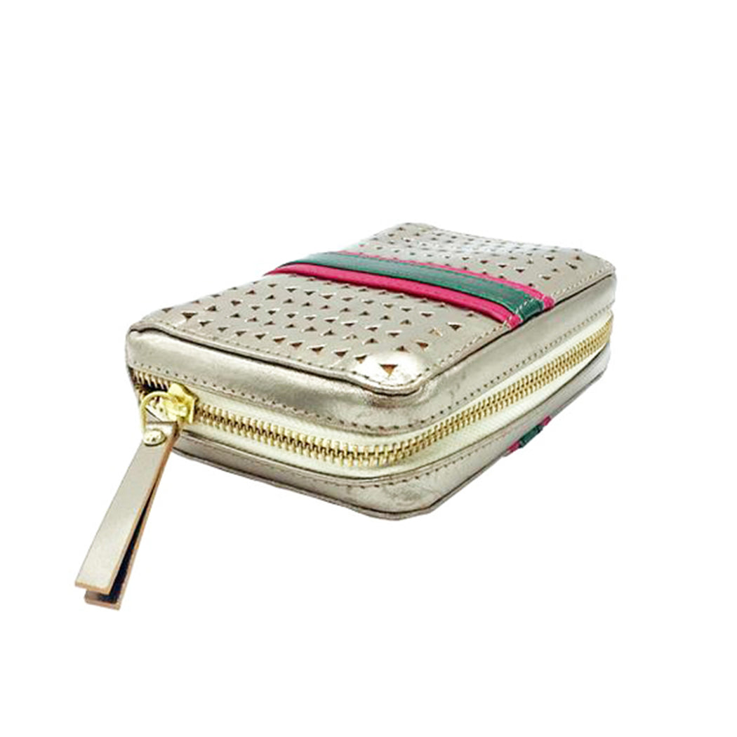 Portefeuille en cuir napa d'agneau métal perforé avec bande rose et verte 