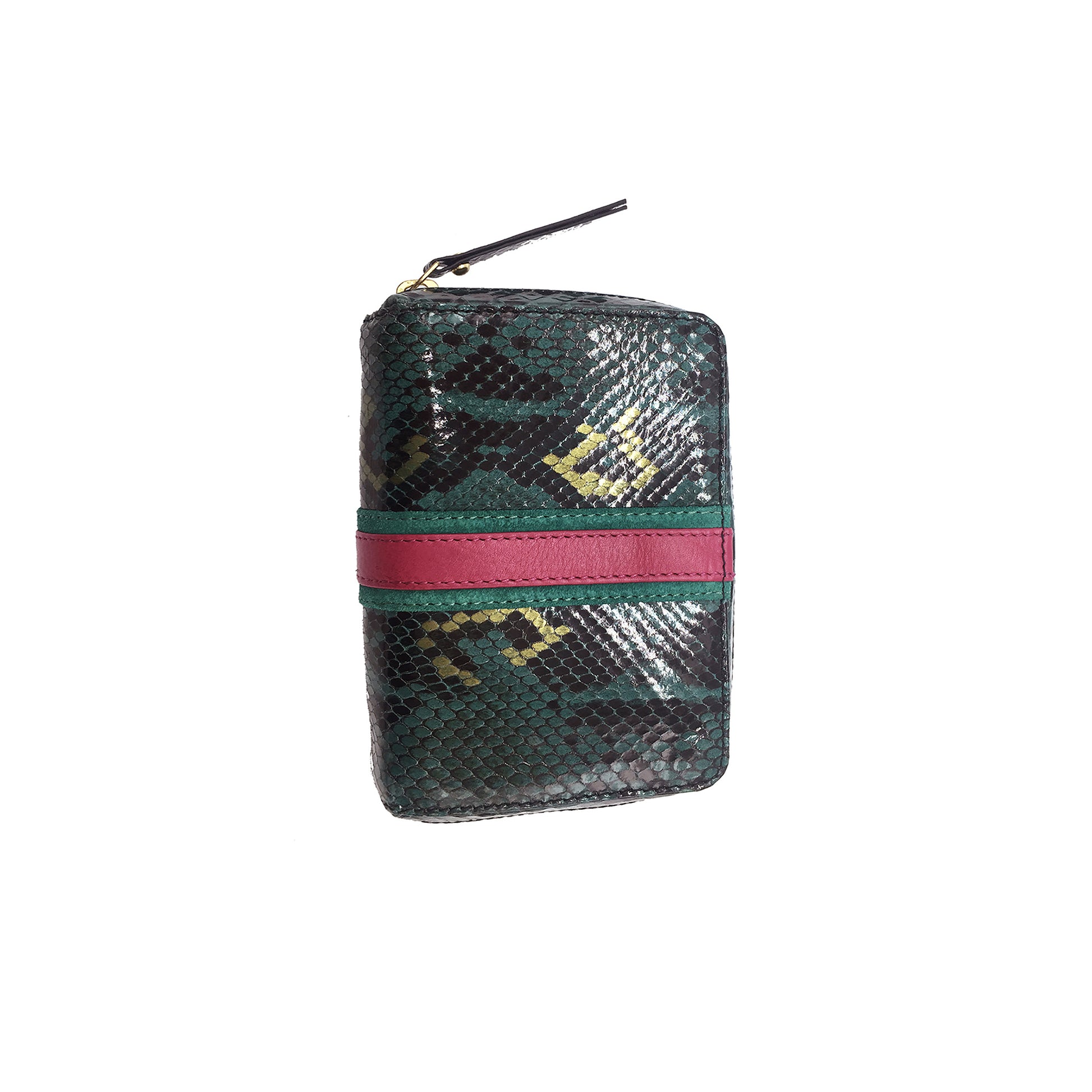 Portefeuille en cuir de vachette imprimé serpent turquoise foncé/or