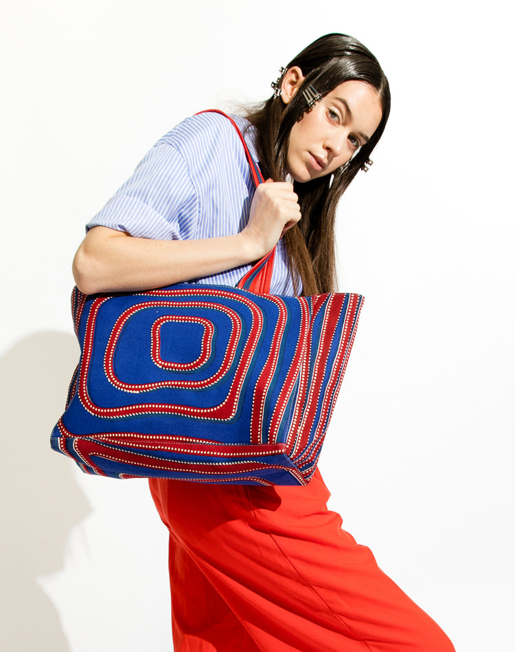 sac de course coton bleu rouge motif aborigène