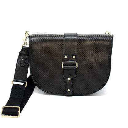 Sac en cuir perforé noir et cuir glacé noir