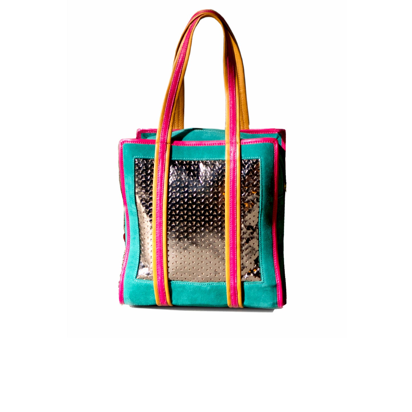 Sac en cuir de vachette métal perforé, suede bleu